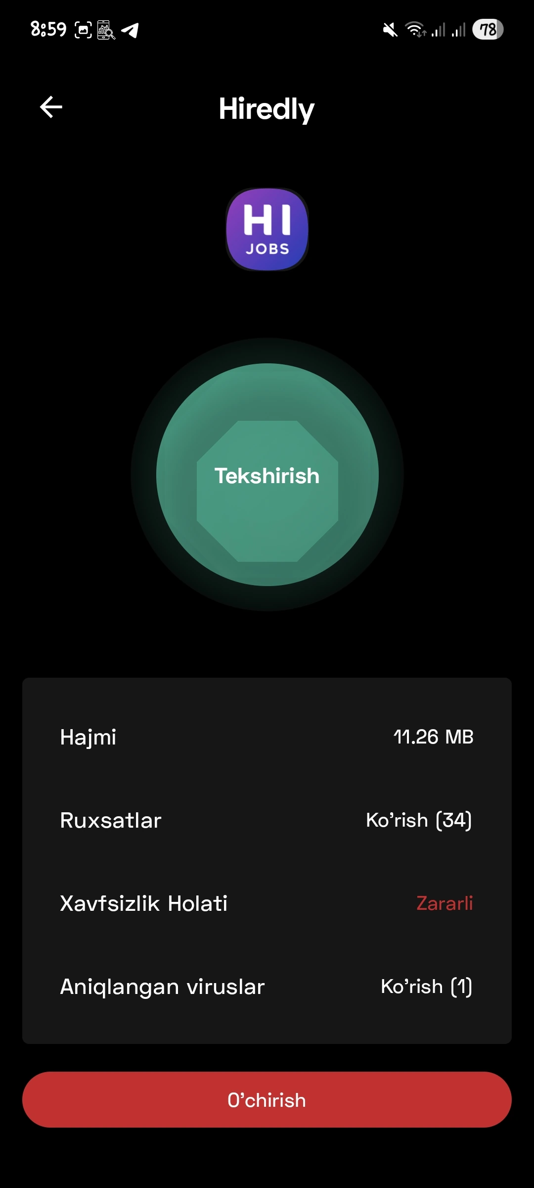 Dastur xavfsizlik holati: zararli aniqlandi